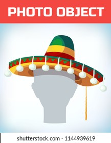 Photo booth Props. Birthday and Party Accessories. Can used for wedding and dates. Sombrero Mexican hat. Masquerade costume headdress. Carnival or Halloween mask. Cartoon Vector illustration.