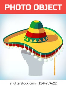 Photo booth Props. Birthday and Party Accessories. Can used for wedding and dates. Sombrero Mexican hat. Masquerade costume headdress. Carnival or Halloween mask. Cartoon Vector illustration.