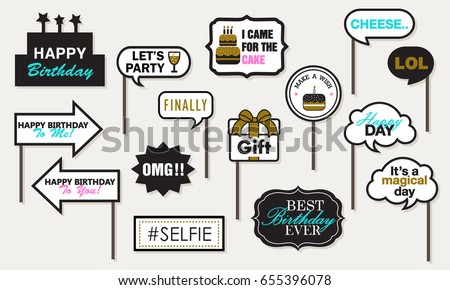 Photo booth Props Birthday Party, Featuring cute Funny Doodle Speech Bubble Happy day Black and Gold Vector illustration Collection. Foto d'archivio © 