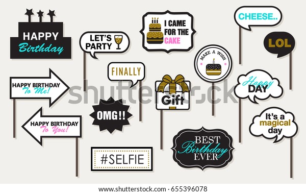 Photo booth Props Birthday Party, Featuring\
cute Funny Doodle Speech Bubble Happy day Black and Gold Vector\
illustration Collection.