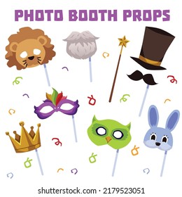 Photo booth props collection of masquerade masks and hats, flat vector illustration isolated on white background. Carnival masks and festival props set.