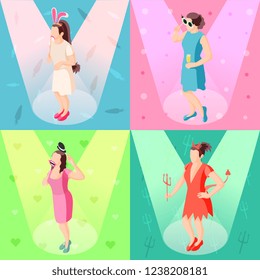 Photo booth props concept 4 isometric festive background icons with girls posing with party accessories vector illustration