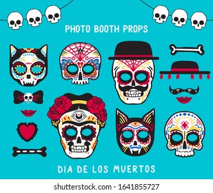 Photo booth props for Dia de los Muertos. Masks, mustache, lips, hanging decorations and other props for the party. Vector set.