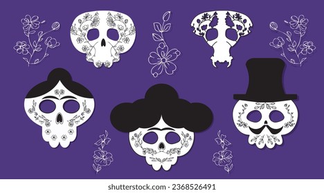 Photo booth props for Dia de los Muertos. Masks with hand drawn doodles. Vector set.