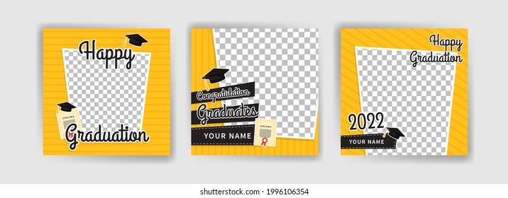 Photo booth props frame for graduation party. Selfie concept. Frame with hats for graduates. Congratulate graduate quotes.