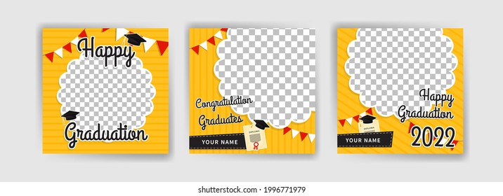 Photo booth props frame for graduation party. Selfie concept. Frame with hats for graduates. Congratulate graduate quotes.