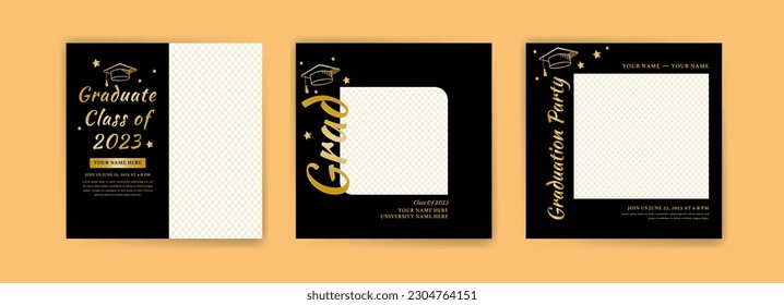 Photo booth props frame for graduation party. Selfie concept. Frame with hats for graduates. Congratulate graduate quotes.