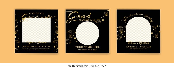 Photo booth props frame for graduation party. Selfie concept. Frame with hats for graduates. Congratulate graduate quotes.