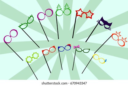 Photo booth props glasses masks isolated on white. Decorative elements for retro party. Vector illustration.