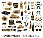 
Photo booth props for graduation party. Congrats graduates. Photobooth vector set in gold and black. Hat, tie, glasses, diploma, bubbles with funny quotes. University, school, academy grad symbol