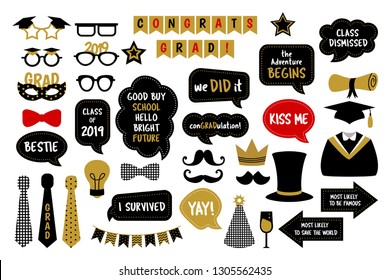 Photo Booth Props For Graduation Party. Hat, Cap, Tie, Glasses, Diploma For Those Who Graduate From School Or College. Photobooth Vector Set In Gold And Black Colors. Congrats Grad With Funny Quotes. 