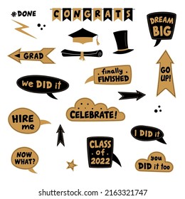 Photo booth props for graduation party. Congrats graduates. Photobooth vector set in gold and black. Hat, diploma, bubbles with funny quotes. University, school, academy grad symbol