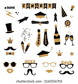 Photo booth props for graduation party. Congrats graduates. Photobooth vector set in gold and black. Hat, tie, glasses, diploma, congrats garland. University, school, academy grad symbol