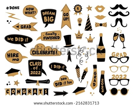 
Photo booth props for graduation party. Congrats graduates. Photobooth vector set in gold and black. Hat, tie, glasses, diploma, bubbles with funny quotes. University, school, academy grad symbol Foto d'archivio © 