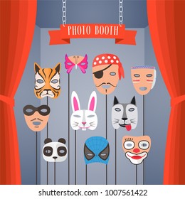 Photo booth props with masks for children with different animals vector illustrations. Decoration for kids party for funny photobooth shooting 