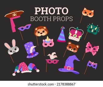 Photo booth props and masks, magic items collection of flat vector illustrations isolated on white background. Carnival masks and festival props for photo and video app.