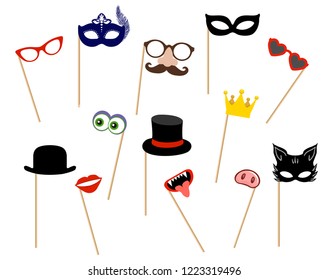 Photo Booth Props. Photobooth Costume Mask Collection, Party Or Carnaval Accessories Isolated On White Background. Vector Illustration.