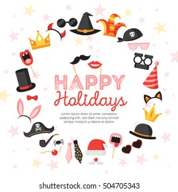 Photo booth props poster with happy holidays symbols flat vector illustration