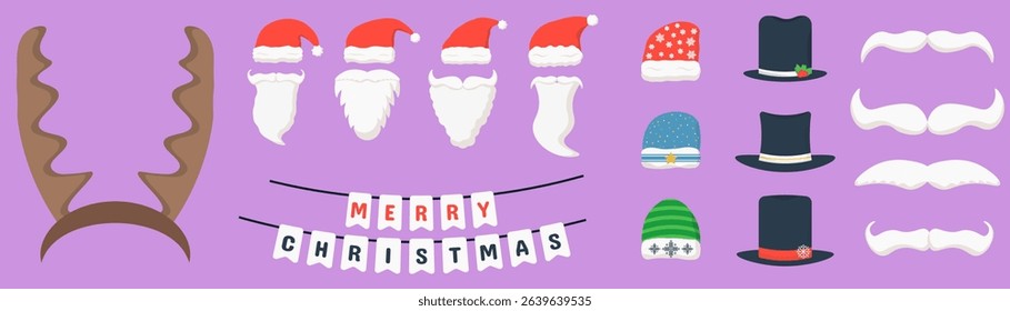 Photo booth props with santa claus mustache hat elf antlers deer face holiday scrapbook clipart illustration xmas happy costume cartoon icon cap celebration card mask red

