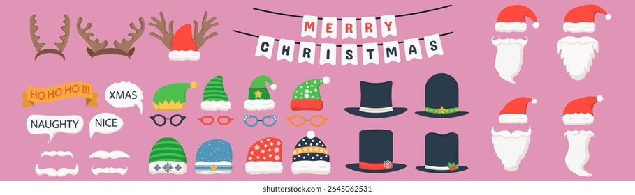 Photo booth props with santa claus mustache hat elf antlers deer face holiday scrapbook clipart illustration xmas happy costume cartoon icon cap celebration card mask red

