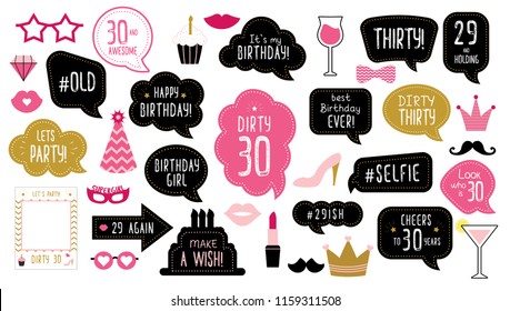 Photo booth props set for 30th birthday party. Happy dirty thirty 30. Mustache, funny phrases, glasses, lips, crown, cake for anniversary. Bubble speech. Photobooth elements.  svg