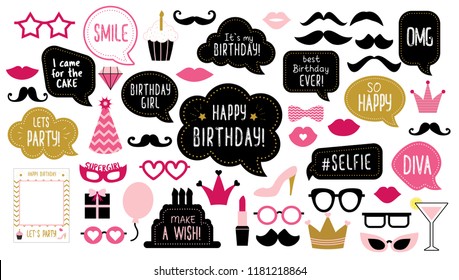 Photo Booth Props Set For Birthday Party. Happy Birthday. Mustache, Funny Phrases, Glasses, Lips, Crown, Cake For Anniversary. Bubble Speech. Photobooth Elements. 