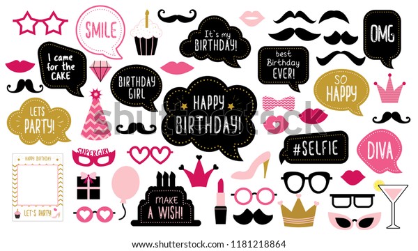 Photo booth props set for birthday\
party. Happy birthday. Mustache, funny phrases, glasses, lips,\
crown, cake for anniversary. Bubble speech. Photobooth elements.\
