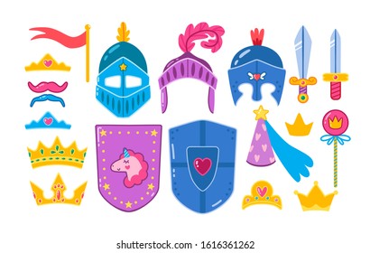 Photo booth props set for kids' medieval party. Cute vector cartoon masks and elements for funny photos. Girlish props for little princess and knight.