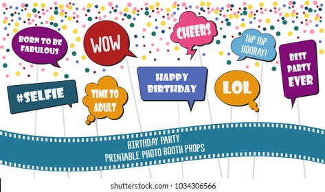 Photo booth props set vector illustration. Collection of icons with hipster style birthday party speech bubbles. Perfect for photobooth shooting