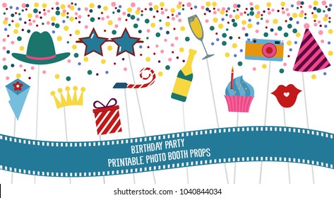 Photo booth props set vector illustration. Collection of elements with birthday party items - hat, sunglasses, cake, present. Perfect for photobooth shooting 