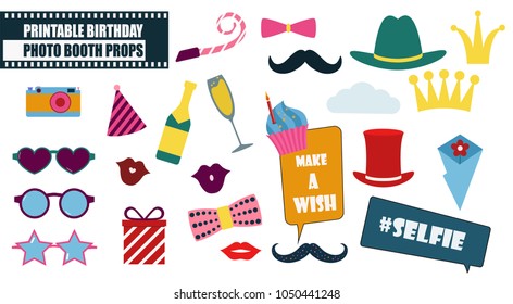 Photo booth props set vector illustration. Collection of design icons with birthday party elements, hat, sunglasses, moustache. Perfect for photobooth shooting 