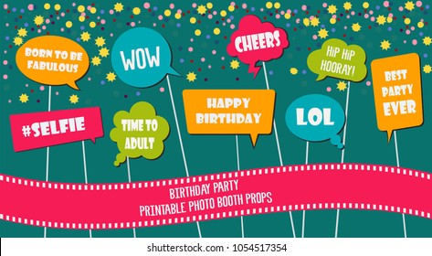 Photo booth props set vector illustration. Collection of icons with birthday party speech bubbles and jokes. Perfect for photobooth shooting 