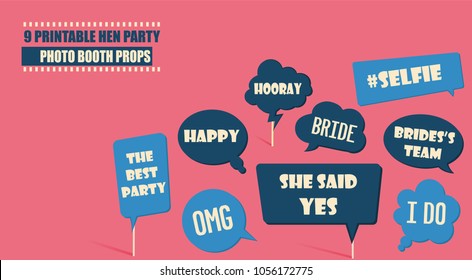 Photo booth props set vector illustration. Collection of icons with wedding hen party speech bubbles. Perfect for photobooth shooting 