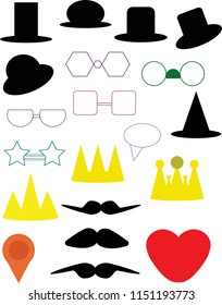 Photo booth props, Set Vector Illustrations of hats, glasses, masks, crown, moustaches and others