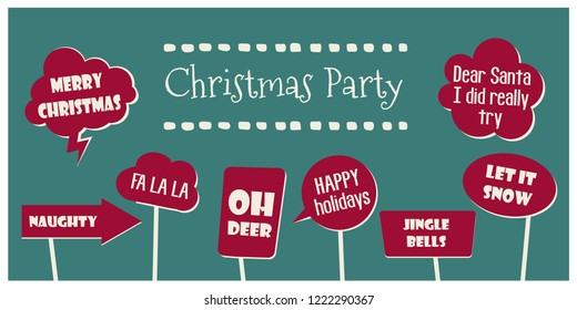 Photo booth props set vector illustration. Collection of quotes and speech bubbles for Christmas party. Perfect for photobooth shooting 