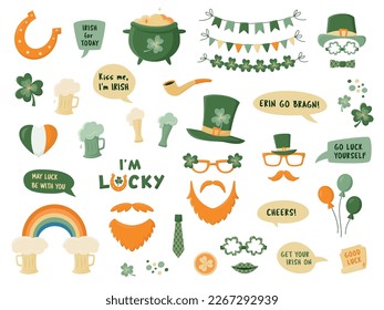 Photo booth props for St Patrick's day isolated on white. Photobooth vector set in green and orange. Hat, glasses, beer, garlands, pot, coins, rainbow, horseshoe, clover,  bubbles with funny quotes