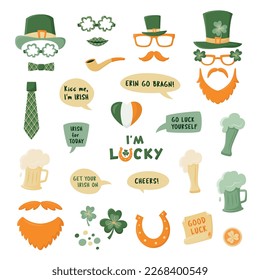 Photo booth props for St Patrick's day isolated on white. Photobooth vector set in green and orange. Hat, glasses, beer, garlands, pot, coins, rainbow, horseshoe, clover,  bubbles with funny quotes