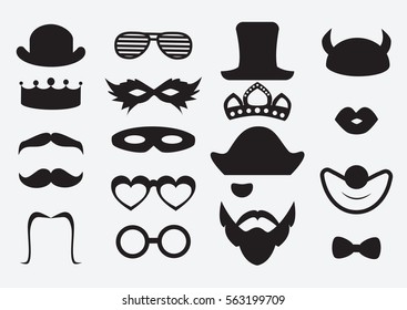 Photo Booth Props Vector. Carnival And Birthday Party Icon Elements. Black Mustaches And Hats Set.