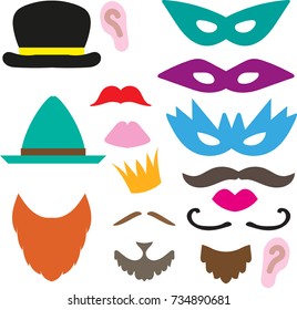 Photo booth props vector collections. Best accessories for party, wedding and birthday. Hat, mask, lip, moustache, crown, ears.