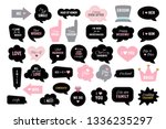Photo booth props for wedding party. Vector speech bubbles with funny quotes like team bride, just married, I do. Black and pink photobooth - heart, hat, crown, arrow, ring. Use for selfie, frame