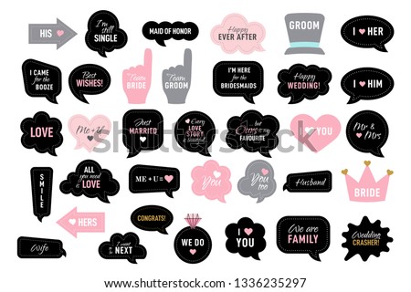 Photo booth props for wedding party. Vector speech bubbles with funny quotes like team bride, just married, I do. Black and pink photobooth - heart, hat, crown, arrow, ring. Use for selfie, frame Foto d'archivio © 