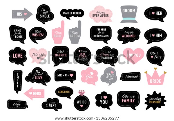 Photo booth props for wedding party. Vector speech\
bubbles with funny quotes like team bride, just married, I do.\
Black and pink photobooth - heart, hat, crown, arrow, ring. Use for\
selfie, frame