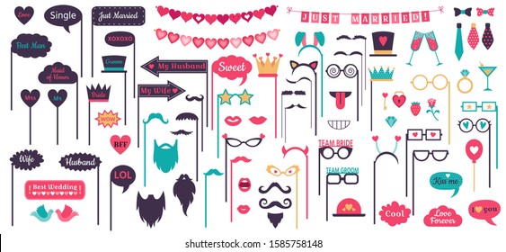 Photo booth props. Wedding speech bubble frames, doodle love heart frame, mustache and glasses on prop. Marriage day photo props decoration. Isolated vector signs set