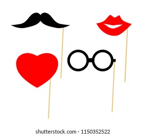 Photo booth props for weddings, birthdays, and celebrations. Hat, lips, glasses and moustaches.