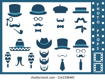 Photo booth props for weddings, birthdays, and celebrations. Accessories collections for party. Vector set llustrations of accessories such as hats, glasses, moustaches, beard and facial hair.