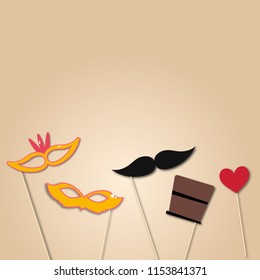 Photo booth props for weddings. Illustrations of accessories such as hats, glasses, masks, crowns, lips and moustaches and etc.