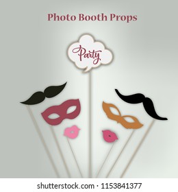 Photo booth props for weddings. Illustrations of accessories such as hats, glasses, masks, crowns, lips and moustaches and etc.