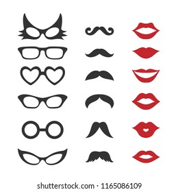 Photo booth props for weddings, party. Mustache, glasses, lips. Vector Illustration.