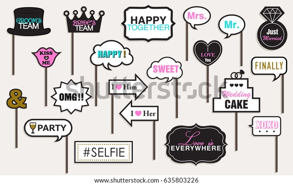Photo booth Props Weddings Party, Featuring\
cute Funny Doodle Speech Bubble Valentine’s day Black and Gold\
Vector illustration\
Collection.