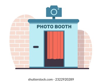 Photo booth for quick photos near brick wall. Digital kiosk for passport, family and wedding photos. Kiosk with red curtains. Photography equipment. Cartoon flat isolated vector concept